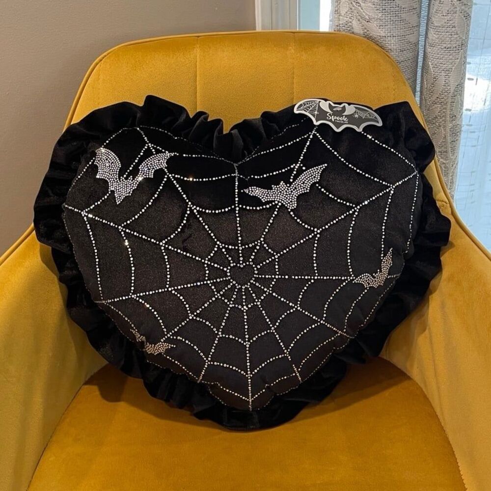 NEW Spooktakular Black Heart with Rhinestone Bats and Spiderweb Halloween Pillow